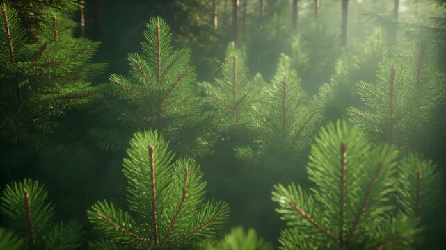Lush Green Pine Saplings in Forest with Bright Sunlight Shining