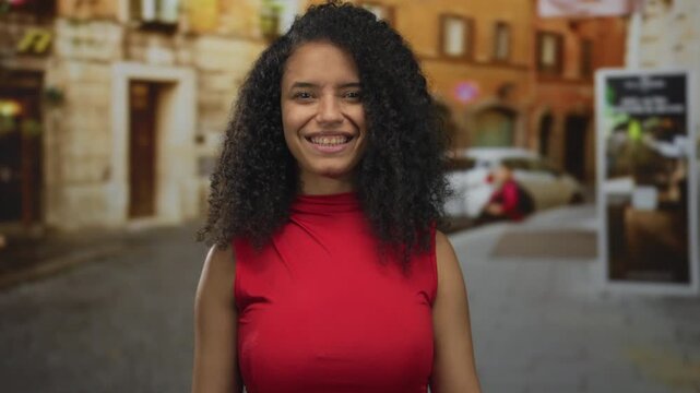 Woman with curly hair and raised hands makes rock horns gesture in urban street scene; rock fun metal.