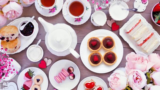 Valentines Day or love theme afternoon tea. Top down view table scene against a wood background. Slow rotating zoom motion.