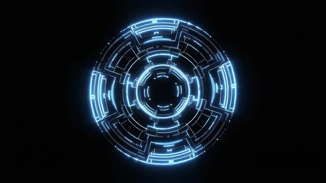 Futuristic glowing circular interface with rotating layered circuitry and neural link pattern glowing blue tech interface layered