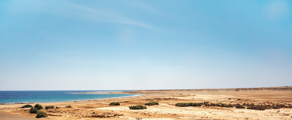 Desert beach landscape near Marsa Mubarak in Egypt, wide panorama