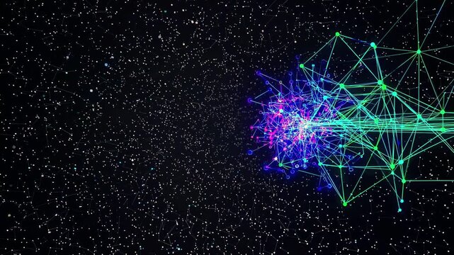Colorful digital matrix, Bright connections in digital universe, Vivid neon grid linking data points networks, Luminous network of nodes connections amid starry sky indicating electronic communication