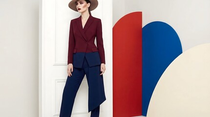 
Bold Color Block Fashion Editorial Model in Burgundy Navy Contrasting Outfit Contemporary Design Photography