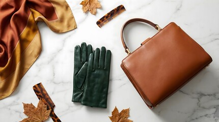 Luxury Fashion Accessories Flatlay Leather Handbag and Gloves Autumn Colors Premium Product Photography