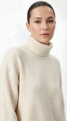Minimalist Fashion Portrait Model Wearing Luxury Winter Knitwear in Neutral Tones Studio Photography