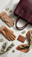 Luxury Fashion Accessories Flatlay Leather Handbag and Gloves Autumn Colors Premium Product Photography