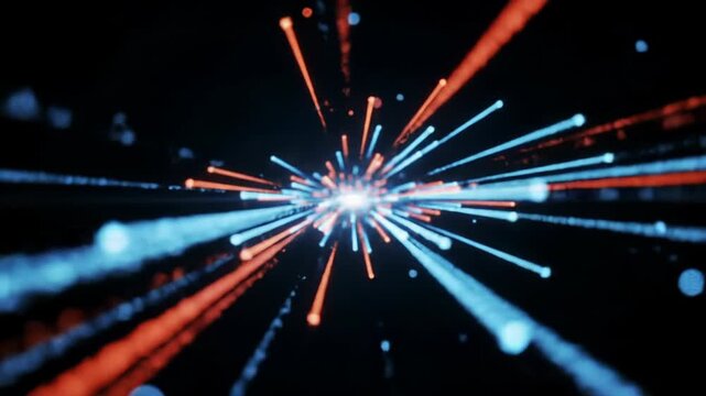 futuristic cgi animation: luminous blue, red light streaks form infinite digital tunnel, simulating hyper-speed data flow. cinematic tracking video, concept of limitless digital potential.