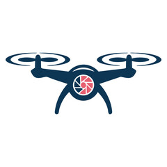 Minimalist blue drone icon featuring a camera aperture detail for aerial photography