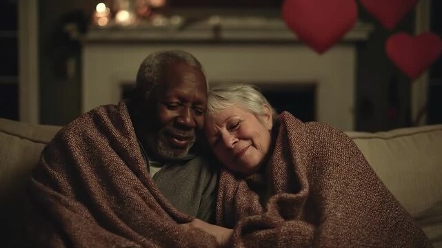 Elderly interracial couple snuggles warmly under blanket on sofa by lit fireplace, red heart balloons floating. Loving smiles, candlelight create intimate Valentine's scene