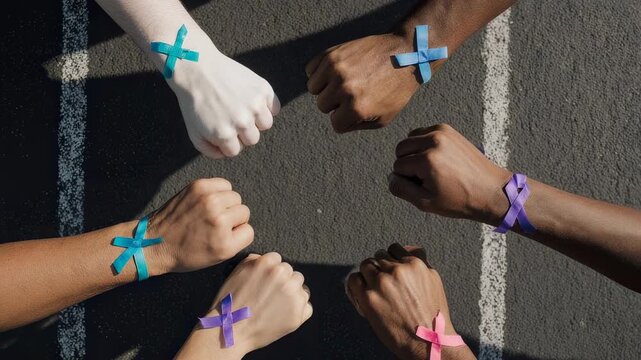 Diverse group of people showing solidarity with colored tape on their wrists in a circular formation on an asphalt road