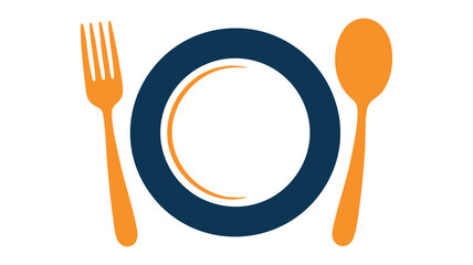 A simple flat icon design featuring a plate, fork, and spoon in orange and blue colors