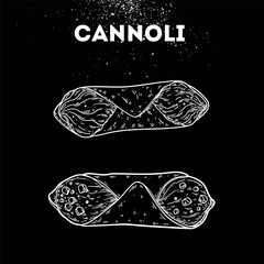 Cannoli sketch. Vector drawing illustration. Italian food. Italian cuisine. Hand drawn. Top view. Not AI Generated.