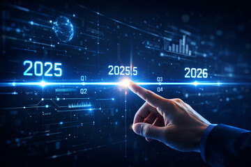 Naklejka premium 2026 Future Technology Forecast. Futuristic digital screen with data analysis and hand touching interface.