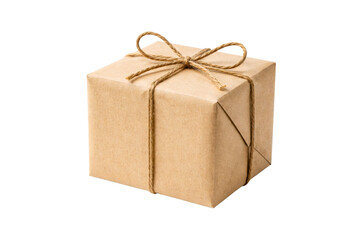 A rustic ecofriendly brown kraft paper gift box tied with natural jute twine bow, perfect for presenting presents or parcels for birthdays, holidays, or sustainable product packaging