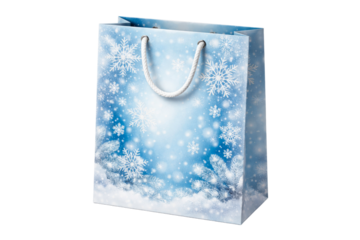 Blue gift bag with festive white snowflake and fir branch winter scenery print, perfect for holiday season shopping, present giving, and Christmas celebrations