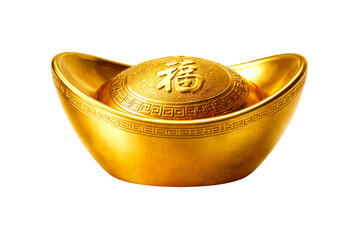 Golden Chinese ingot with auspicious blessing character symbolizing good fortune and prosperity for traditional cultural events and financial success concepts