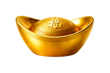 Golden Chinese ingot with auspicious blessing character symbolizing good fortune and prosperity for traditional cultural events and financial success concepts