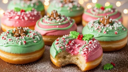 Colorful frosted donuts with holiday toppings