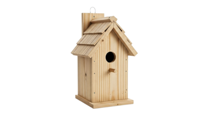 A beautifully crafted natural wooden birdhouse with a detailed shingled roof and a front perch, perfect for garden decor, wildlife sanctuary themes, and DIY project inspiration.