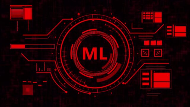 Futuristic crimson machine learning HUD interface scanning complex data streams in a dark digital void - 4K motion graphics
