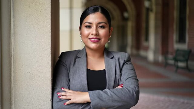 A confident young hispanic professional woman in a gray business suit jacket, black top, and red nails smiles, standing against elegant architectural columns. Concept of approachable leadership