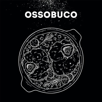 Ossobuco with veal shanks sketch. Vector drawing illustration. Italian food. Italian cuisine. Hand drawn. Top view. Not AI Generated.