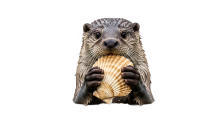 Adorable wet otter holding a scallop seashell looking at the camera, perfect for wildlife education, marine life themes, and aquatic animal enthusiasts