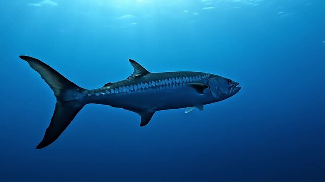 Large King Mackerel Fish Swimming in Deep Blue Ocean Water Underwater Scene