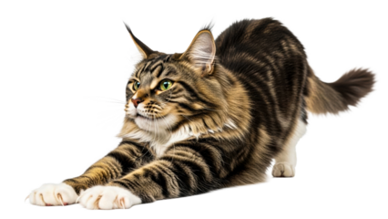 Majestic Maine Coon cat with luxurious tabby fur and piercing green eyes gracefully stretching, perfect for pet care promotions, animal lifestyle blogs, or veterinary clinic materials.