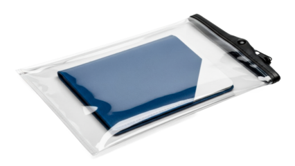 Transparent waterproof pouch securely holding a blue passport cover, ideal for protecting important travel documents and valuables during vacations, outdoor adventures, or daily commutes,