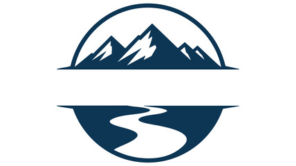 A stylized circular logo featuring a mountain range and winding river or pathway, ideal for branding