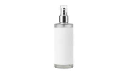 Modern cosmetic spray bottle with clear cap and metallic details perfect for showcasing beauty products skincare fragrances or hair treatments in professional marketing materials