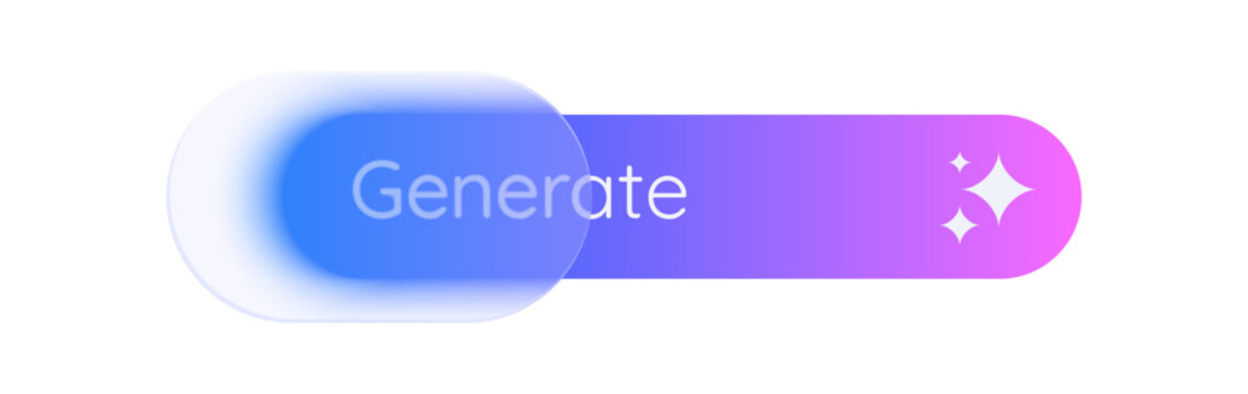 Neon gradient glass morphism generate button on transparent background. Vector artificial intelligence app illustration with blurred element.