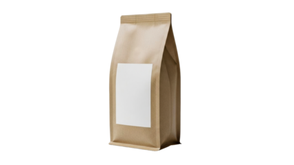 Kraft paper stand up pouch with a blank white label perfect for packaging coffee beans tea leaves or various dry food products for branding and presentation mockups