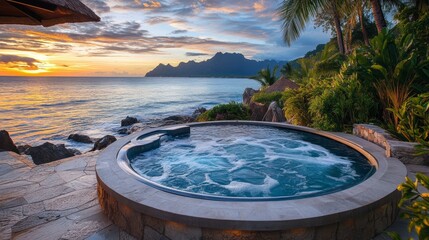 A luxurious oceanfront pool with views of the sunset and mountains will emphasise the theme of relaxation and provide an exquisite backdrop for advertising resorts or luxury holidays.