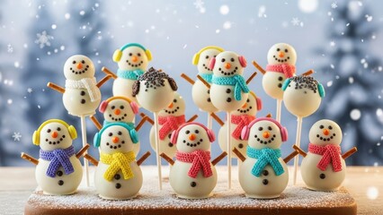 Delightful snowman cake pops in winter wonderland