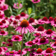 Aufrechter St&auml;ngel mit Purpur-Sonnenhut (Echinacea purpurea) mit rosa Zungenbl&uuml;ten, die einen braun-orangenen Kegel umgeben, der aus braunen R&ouml;hrenbl&uuml;ten mit einem orangefarbenen 
