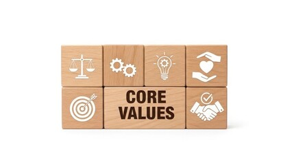 Fototapeta premium Business core values concept with wooden blocks and icons