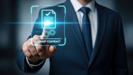 Businessman interacting with smart contract on digital interface