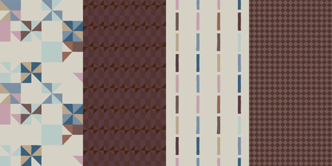 Vector set of seamless patterns. Modern backgrounds and textures for packaging, textile, wrapping paper. Multicolored checkered lines and confetti, polka dots, checkerboard, striped pattern.