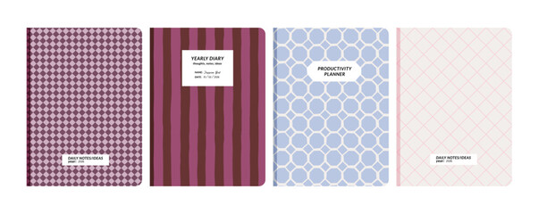 Set of romantic heart pattern notebook, dairy, planner cover designs. Valentine's Day stationery templates with pink and red seamless geometric motifs.