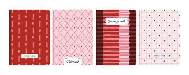 Set of romantic heart pattern notebook, dairy, planner cover designs. Valentine's Day stationery templates with pink and red seamless geometric motifs.