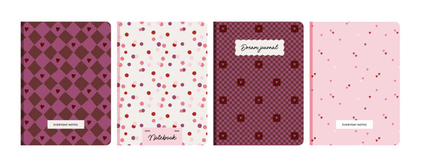 Set of romantic heart pattern notebook, dairy, planner cover designs. Valentine's Day stationery templates with pink and red seamless geometric motifs.