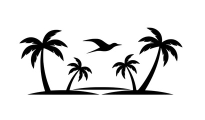 Fototapeta premium Abstract island silhouette icon set with palm trees and flying bird isolated on solid white background vector