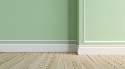 3d rendering Light green wall with a white border, light wood floor