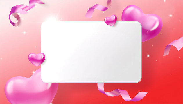 Valentine's Day sale banner background, Blank ticket template with floating 3D hearts, coupon mockup with white copy space, discount voucher, Promo code layout for retail and e-commerce marketing.