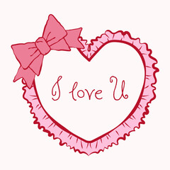 Delicate pink and red vintage heart shaped Valentine card with bow and frill, romantic handwritten phrase I love U in pastel colors. Perfect for greeting card, wedding design, sticker, label