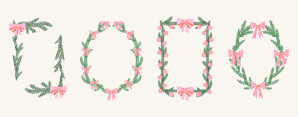 Set of festive christmas pine branch frames with ribbon bows. Hand drawn element in sketch style. Trendy design for background, card, poster, invitation, label. Flat vector illustration