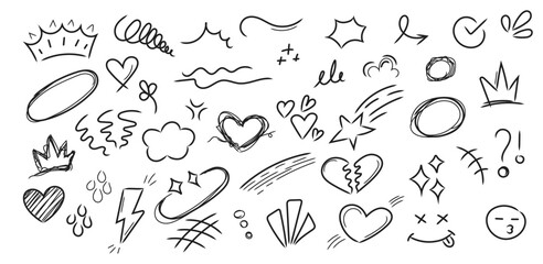 Hand drawn doodle shapes love, star and crown set. Cute doodle icons and sketch elements collection. Black line doodle symbols © shammi