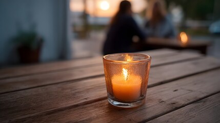 A lit candle in a glass holder on a wooden table at dusk with blurred figures in the background during sunset